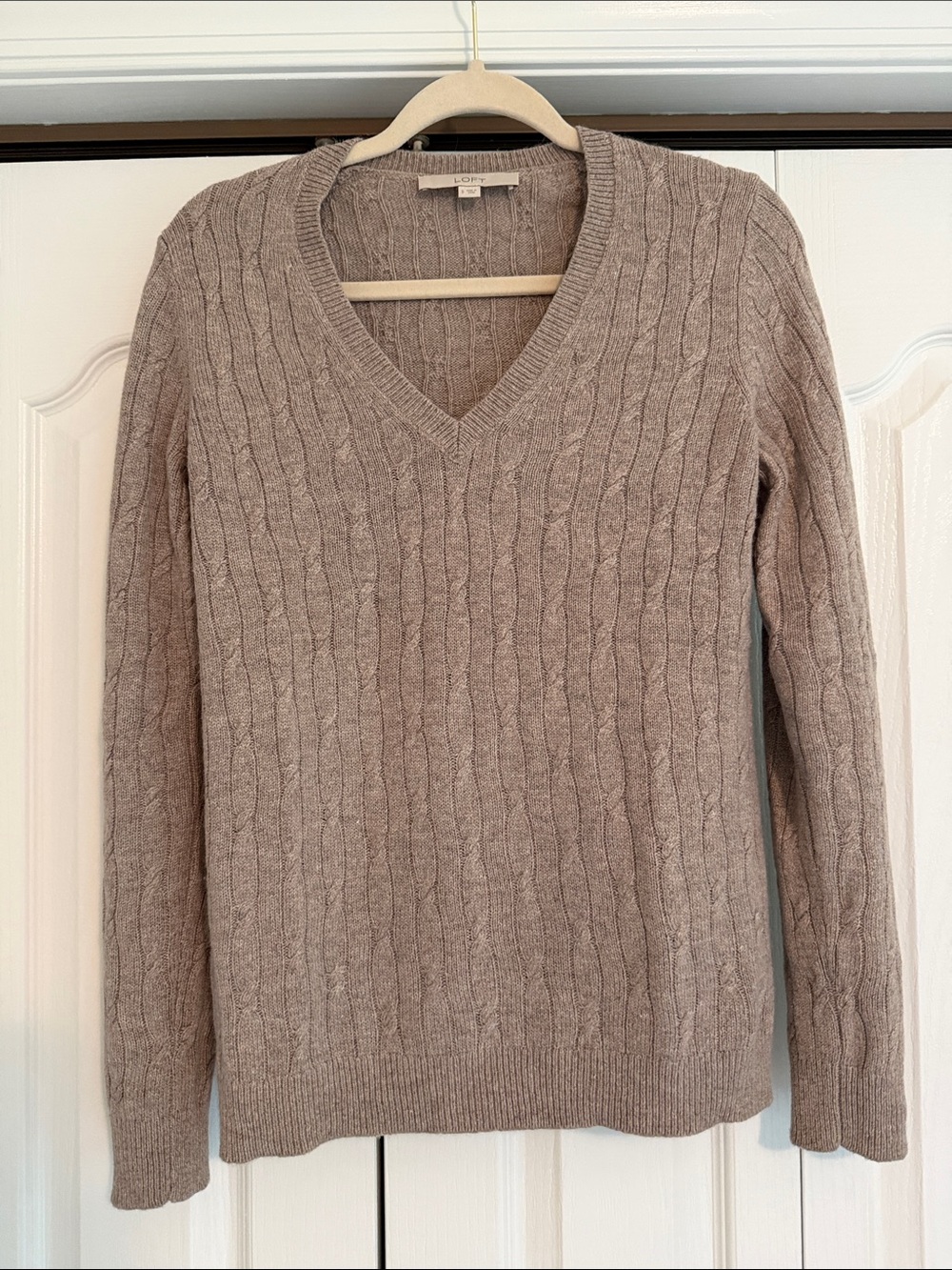 LOFT Taupe Cable-Knit V-Neck Sweater
